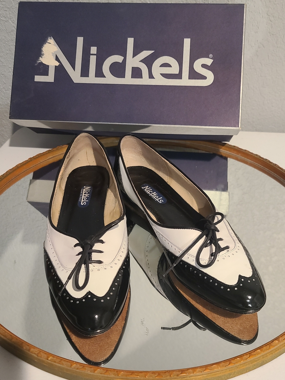 Vintage Nickels Women’s Patent Leather Black and White Wingtip Oxfords